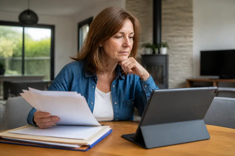 Une femme consulte des informations sur les aides financières et la fiscalité de la rénovation sur une tablette.