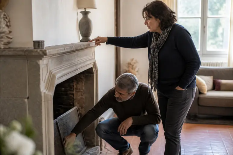 Couple français considérant les options de rénovation de leur cheminée ancienne dans leur salon douillet.