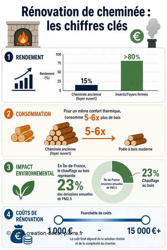 Infographie comparant le rendement, la consommation, l'impact environnemental et les coûts de rénovation des cheminées.