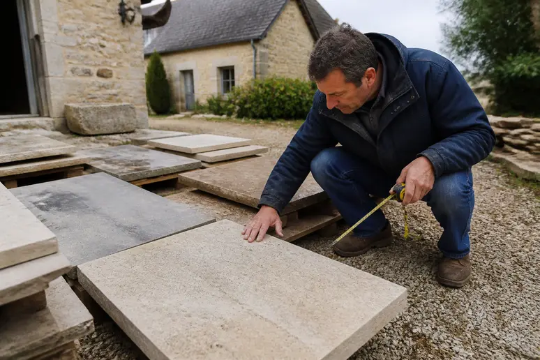 Un tailleur de pierre français examine attentivement différentes pierres naturelles pour soubassement, dans un atelier ensoleillé.