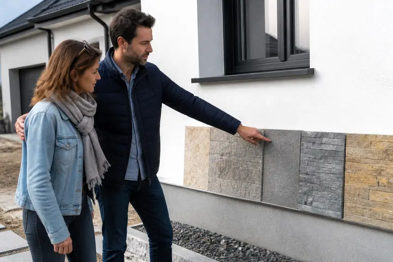 Un couple français discute du choix de la pierre pour le soubassement d'une maison neuve, avec des échantillons variés.