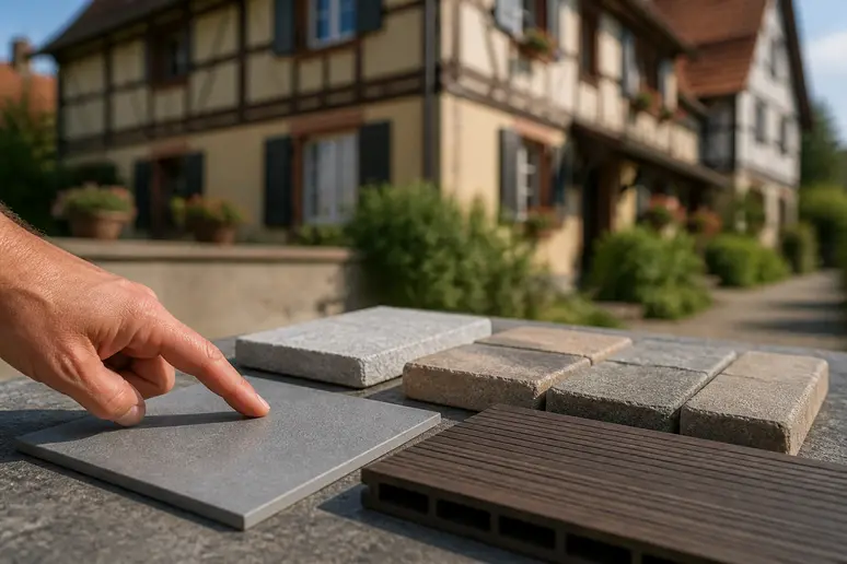 Mains d'un artisan comparant des échantillons de carrelage, pierre naturelle et composite pour une terrasse alsacienne.