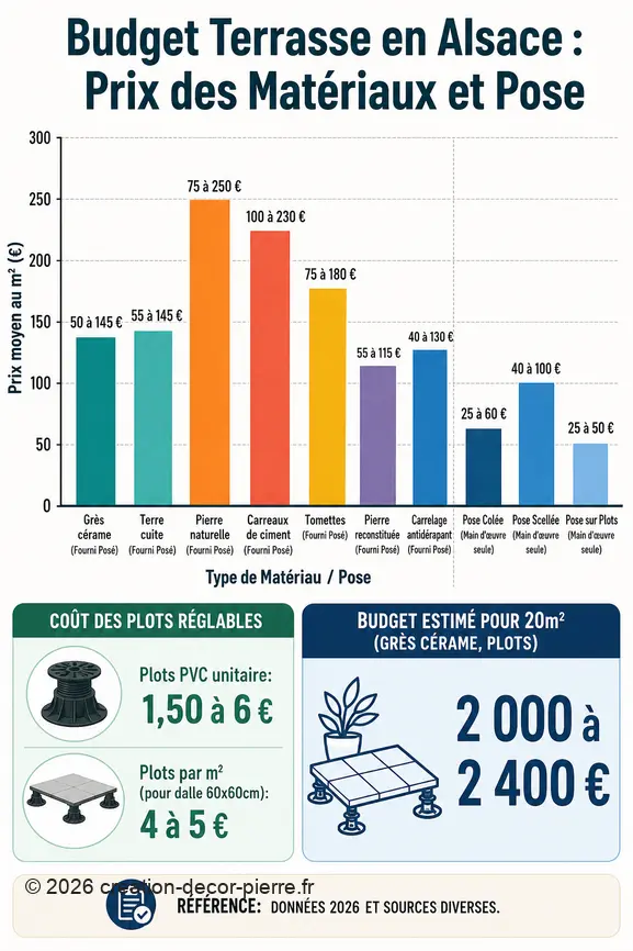 Comparaison des coûts de matériaux et de pose pour une terrasse en Alsace, incluant les options de carrelage et les budgets estimés.