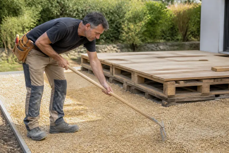 Un homme prépare le sol en nivelant un lit de gravier et de sable avec un râteau pour la terrasse.