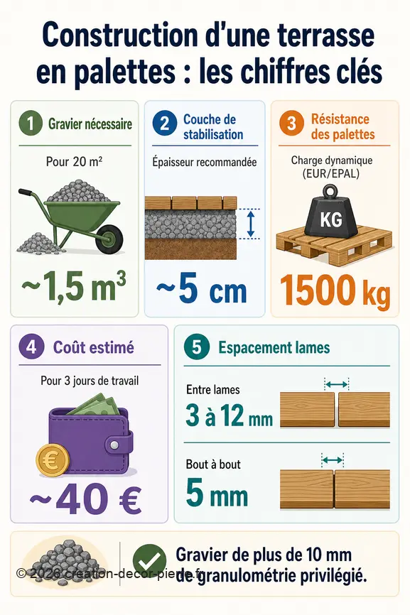 Infographie des chiffres clés pour construire une terrasse en palettes sur gravier : gravier, épaisseur, résistance, coût et espacements.