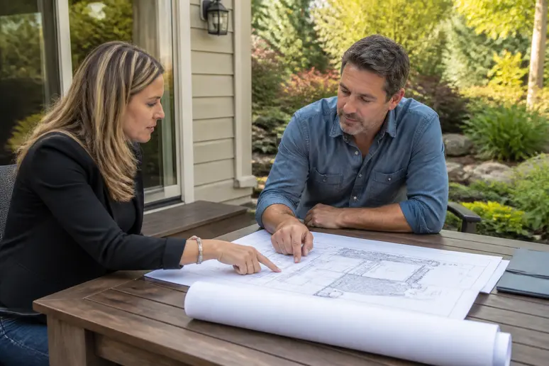 Architecte paysagiste et client discutant des plans d'une terrasse sur mesure en bois exotique.