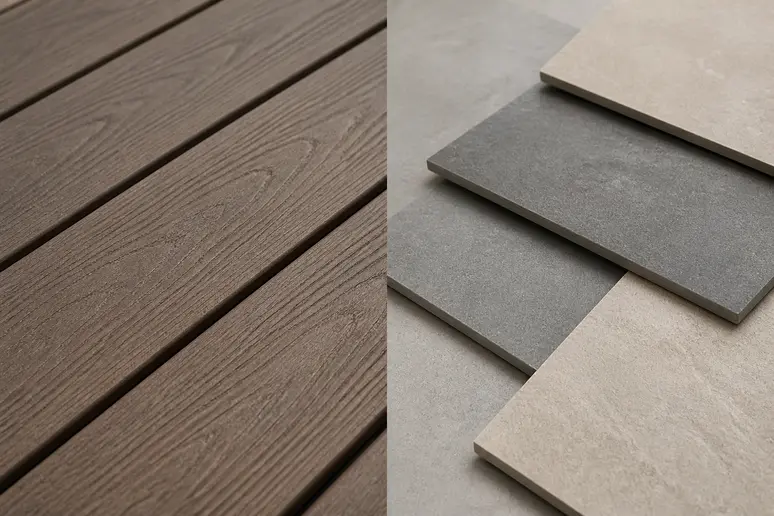 Comparaison visuelle de lames de terrasse en bois composite et de carreaux de grès cérame pour extérieur.