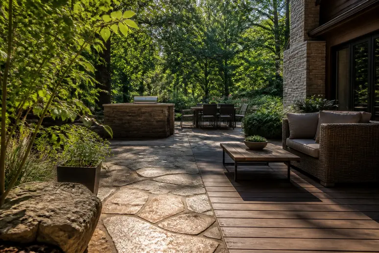 Terrasse extérieure moderne alliant élégance de la pierre naturelle et praticité du bois composite.