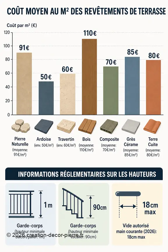 Comparatif des prix et normes pour choisir son revêtement de terrasse extérieur.