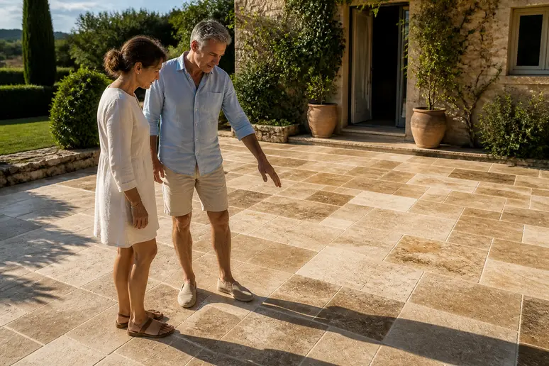 Un couple français choisit des dalles de travertin aux nuances chaleureuses pour leur nouvelle terrasse de style provençal.