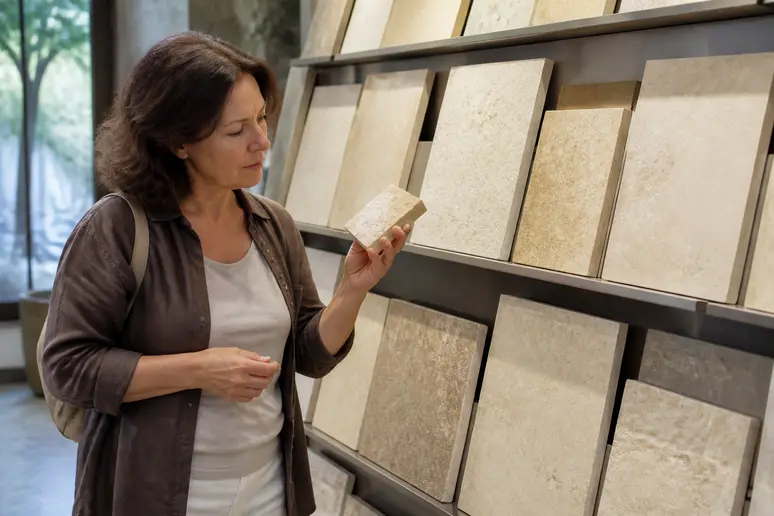 Une cliente française examine avec attention des échantillons de travertin dans un magasin de bricolage, sous la lumière naturelle.