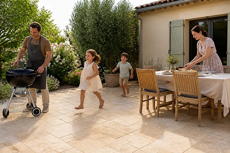 Une famille française profite de sa terrasse en travertin, un matériau à la fois esthétique et résistant pour les espaces extérieurs.
