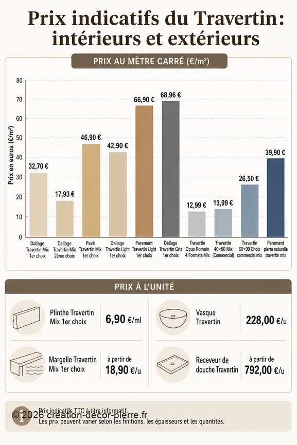 Comparaison des prix du travertin pour dallages, parements, margelles, vasques et receveurs de douche.