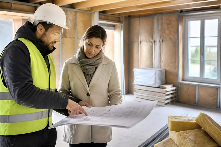 Conseiller technique examinant les travaux d'isolation thermique pour un projet de batiment renovation