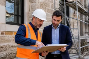 Batiment renovation avec des professionnels inspectant le chantier d'une façade en pierre