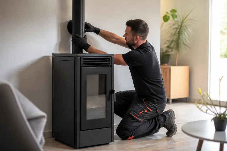 Installation d'un poêle à granulés et de son conduit d'évacuation par un artisan qualifié.