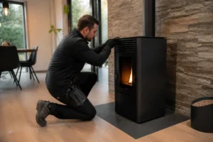 Installation d'un poêle à granulés par un technicien qualifié avec Chauff granules dans un salon