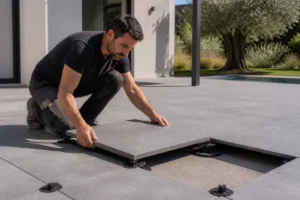 Pose soignée d'une dalle gris en grès cérame sur plots pour une terrasse moderne