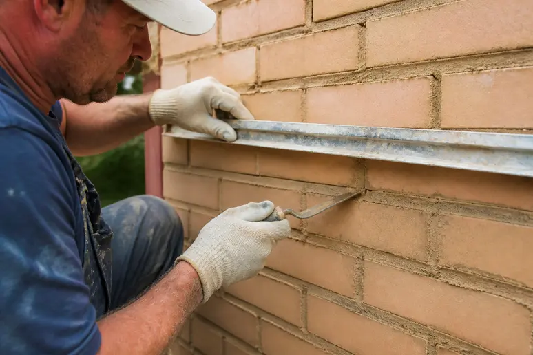 Artisan façadier sculptant à la main un enduit imitation brique sur un mur extérieur