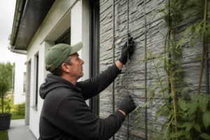 Un artisan installe un support de fixation pour une façade végétalisée plante grimpante sur une maison moderne.
