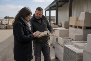 Un artisan examine des matériaux de construction chez Guichaux forges les eaux pour un projet de rénovation