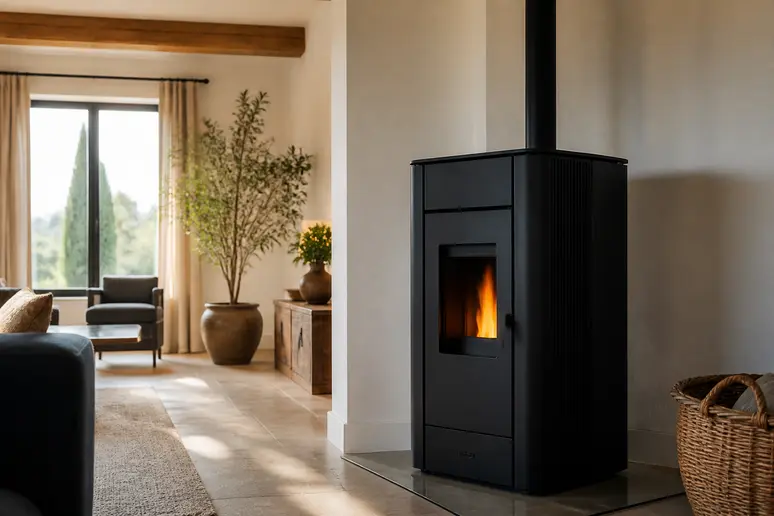 Poêle à granulés moderne installé dans le salon d'une maison chauffée.