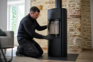 Un artisan installe un poêle à bois angers dans un salon rénové
