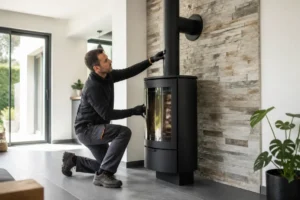 Installation d'un poele a bois angers dans un salon moderne avec mur en pierre