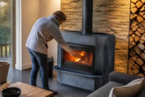 Un poêle à bois pierre ollaire 14kw chauffe efficacement un grand salon moderne rénové avec un mur en pierre.