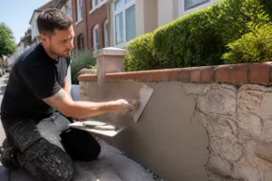 Un artisan applique de l'enduit sur un mur extérieur lors d'un chantier de ravalement muret résidentiel.