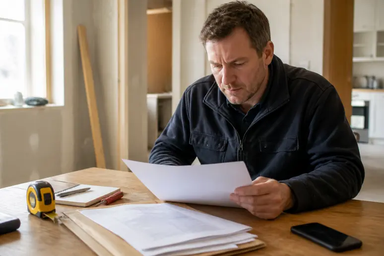 Artisan examinant un devis de rénovation pour valider les taux de TVA applicables