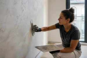 Artisane appliquant un enduit imitation pierre lors d'un chantier de Renovation decoration.
