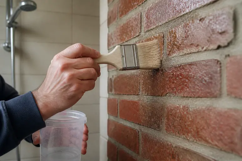 Application au pinceau d'un traitement hydrofuge microporeux sur un mur de briques rouges.