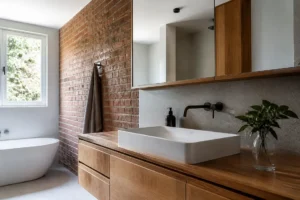 Salle de bain brique et bois moderne avec meuble vasque en chêne et mur en parement rouge traité.