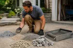 Un artisan examine les différentes tailles de pierre avec un tableau granulométrie gravier pour une allée
