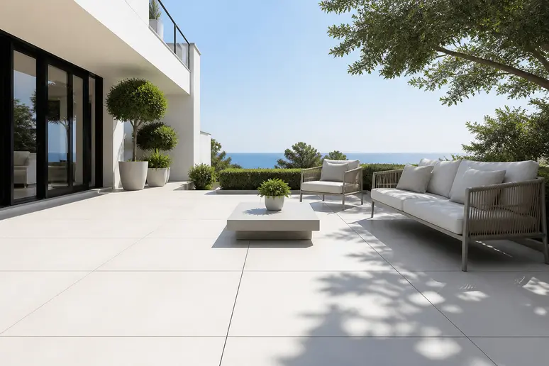 Dalles de terrasse blanche en grès cérame posées sur un grand espace extérieur très lumineux.