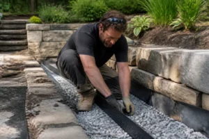 Aménagement d'une terrasse encaissée avec installation d'un système de drainage et murs en pierre naturelle