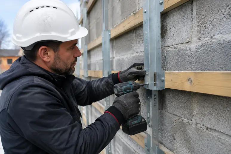 Fixation des équerres et des chevrons d'une ossature secondaire pour bardage sur mur parpaing