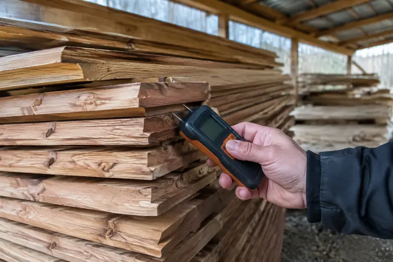 Contrôle du taux d'humidité des lames de bardage en bois avant la pose sur la façade