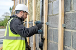 Un artisan pose une ossature en bois pour un bardage sur mur parpaing lors de la rénovation d'une façade.