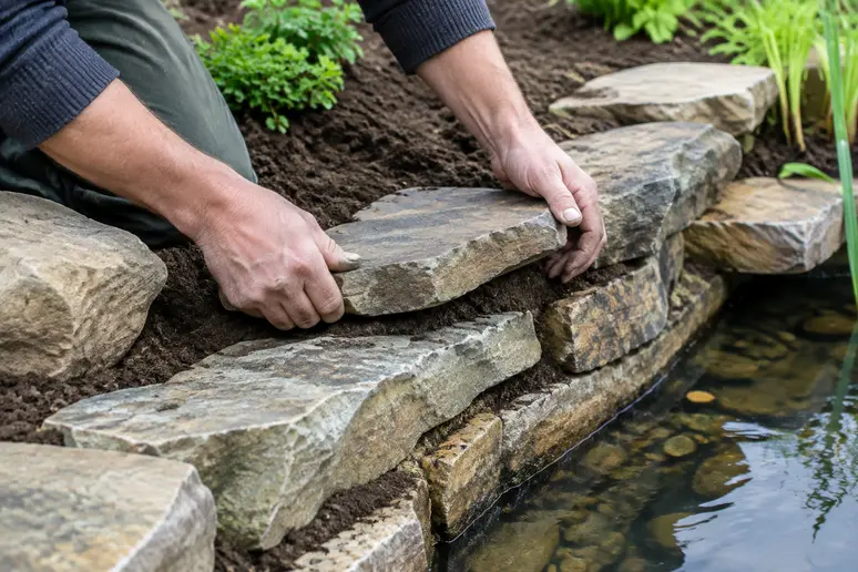 Pose de pierres naturelles sur un palier pour bordure de bassin stabilisée par de la terre