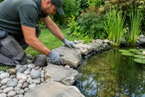 Bordure de bassin en pierre naturelle en cours d'aménagement dans un jardin paysager