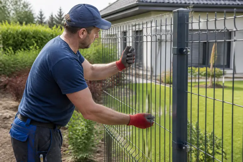 Pose d'une clôture rigide par un professionnel dans un jardin résidentiel.