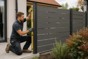 artisan installant une cloturenligne moderne sur la terrasse d'une maison résidentielle