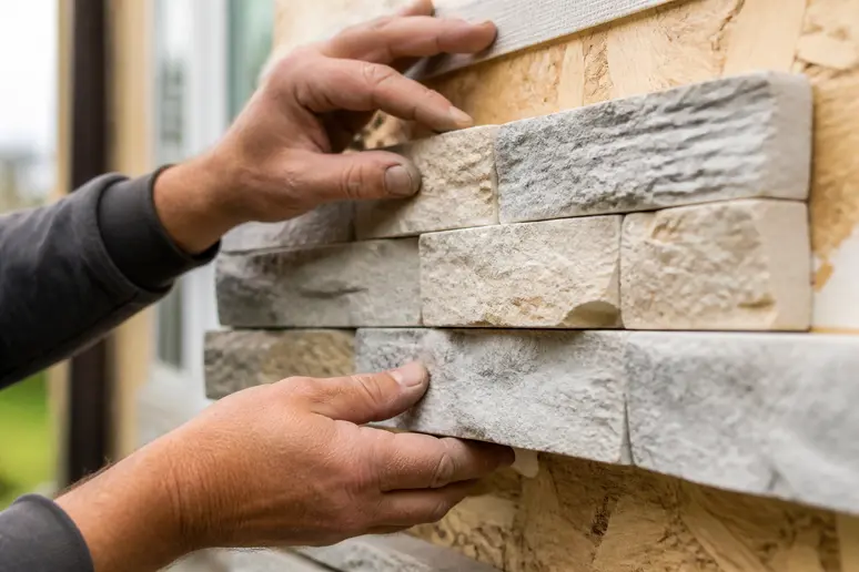 Pose d'un parement en pierre sur une façade de maison bois