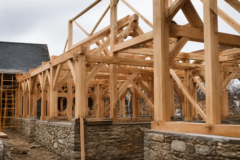 Chantier d'une maison à ossature bois et murs en pierre