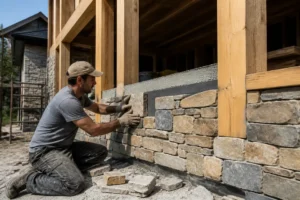 Intervention d'un constructeur maison pierre et bois sur un chantier résidentiel extérieur.
