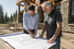 Examen des plans de construction maison pierre et bois sur le chantier avec un architecte