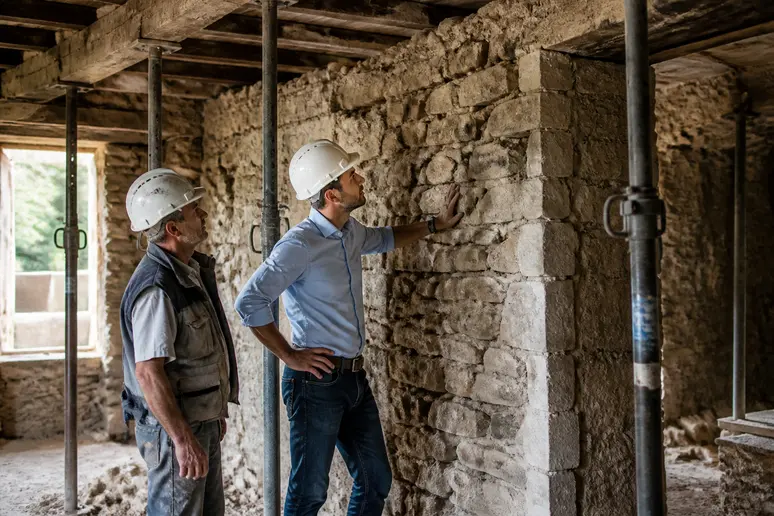 Maison en pierre en cours de rénovation avec étais métalliques pour sécuriser le mur porteur avant l'ouverture de la cuisine