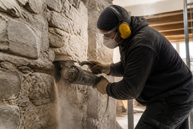 Artisan découpant un mur porteur en pierre pour la création d'une cuisine ouverte lumineuse